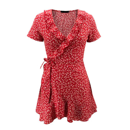 Viral Vault™   Sweet Elegant Floral Ruffles V-neck Bandage Short Dress