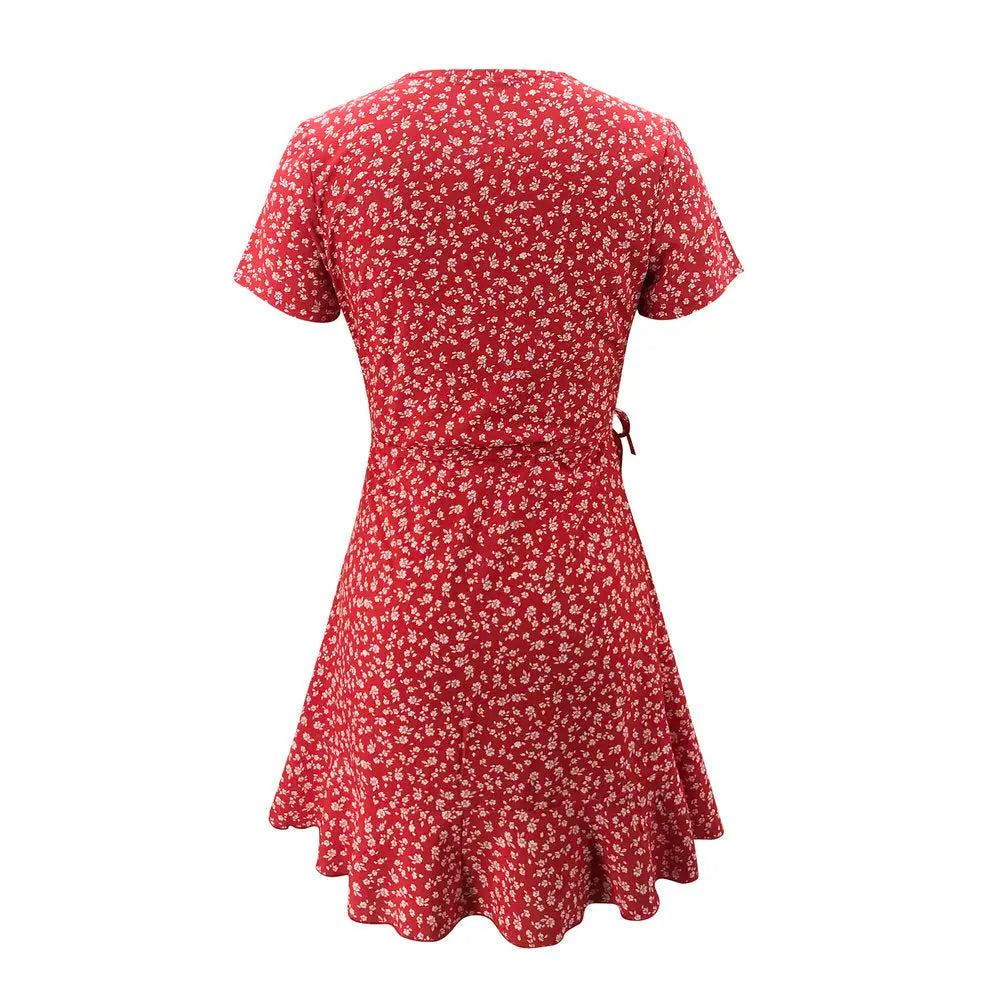 Viral Vault™   Sweet Elegant Floral Ruffles V-neck Bandage Short Dress