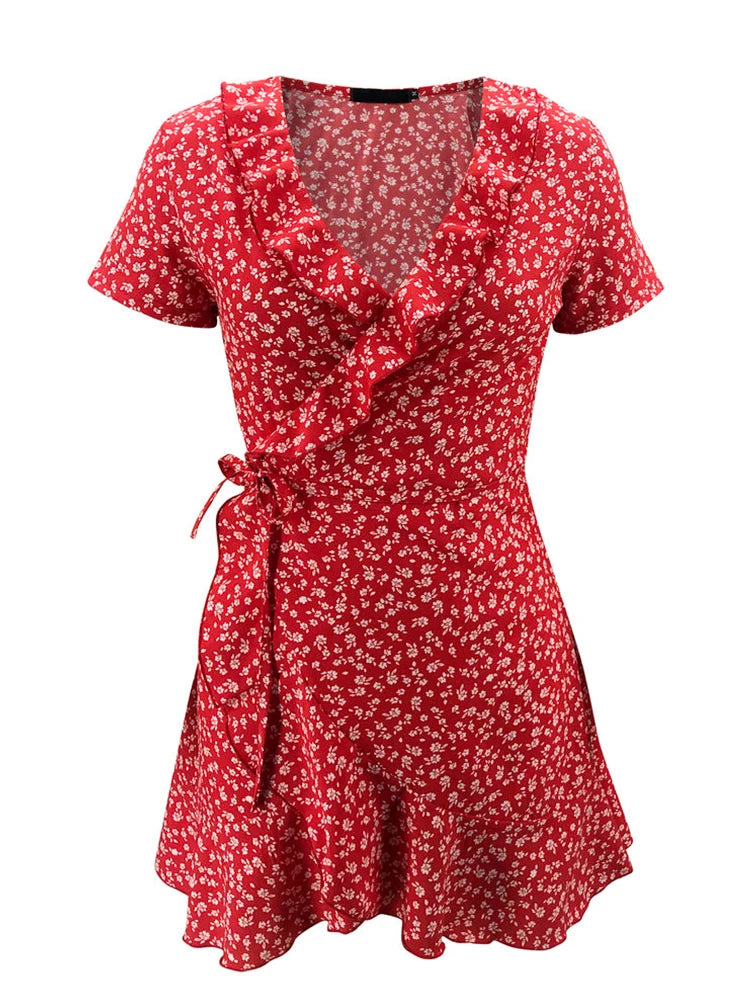Viral Vault™   Sweet Elegant Floral Ruffles V-neck Bandage Short Dress