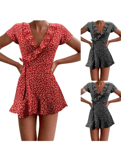 Viral Vault™   Sweet Elegant Floral Ruffles V-neck Bandage Short Dress