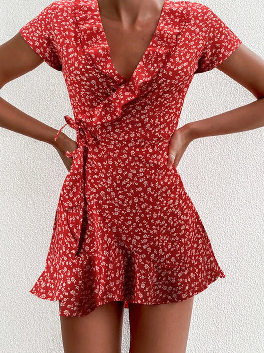 Viral Vault™   Sweet Elegant Floral Ruffles V-neck Bandage Short Dress