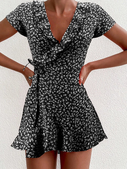 Viral Vault™   Sweet Elegant Floral Ruffles V-neck Bandage Short Dress