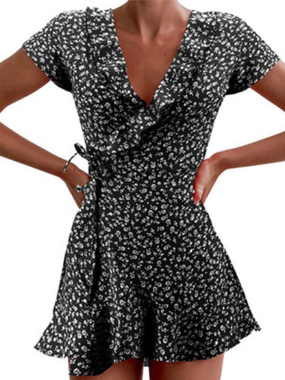 Viral Vault™   Sweet Elegant Floral Ruffles V-neck Bandage Short Dress