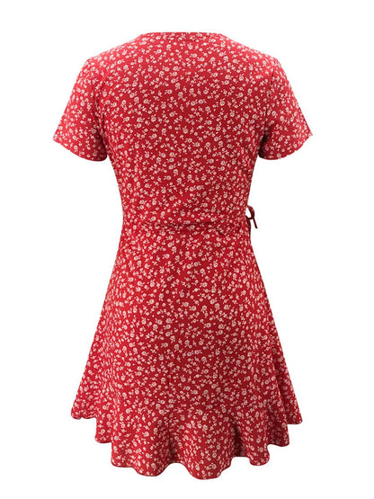 Viral Vault™   Sweet Elegant Floral Ruffles V-neck Bandage Short Dress