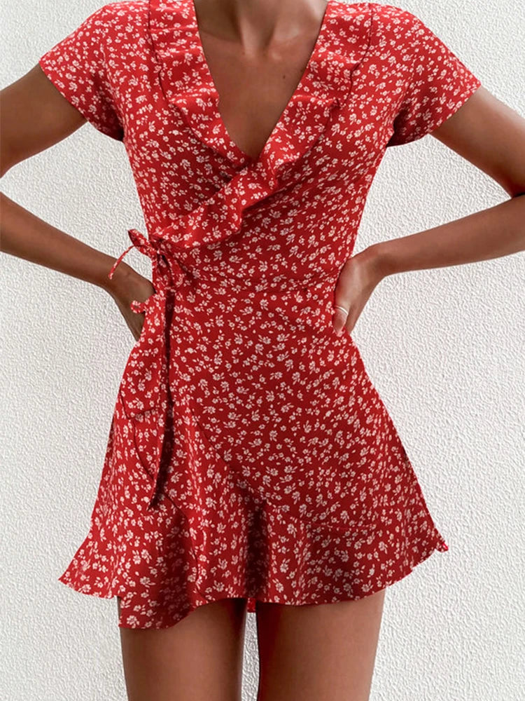 Viral Vault™   Sweet Elegant Floral Ruffles V-neck Bandage Short Dress