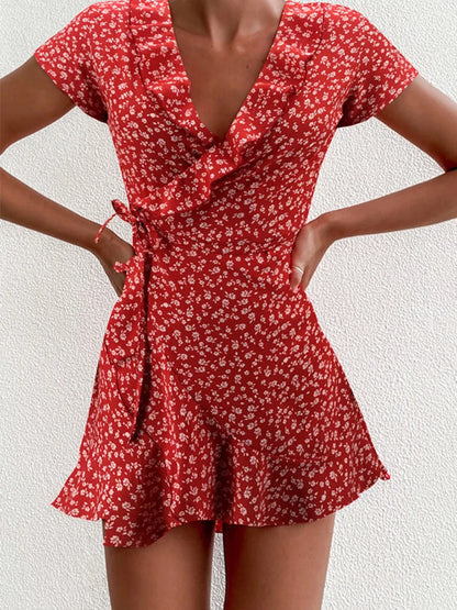 Viral Vault™   Sweet Elegant Floral Ruffles V-neck Bandage Short Dress